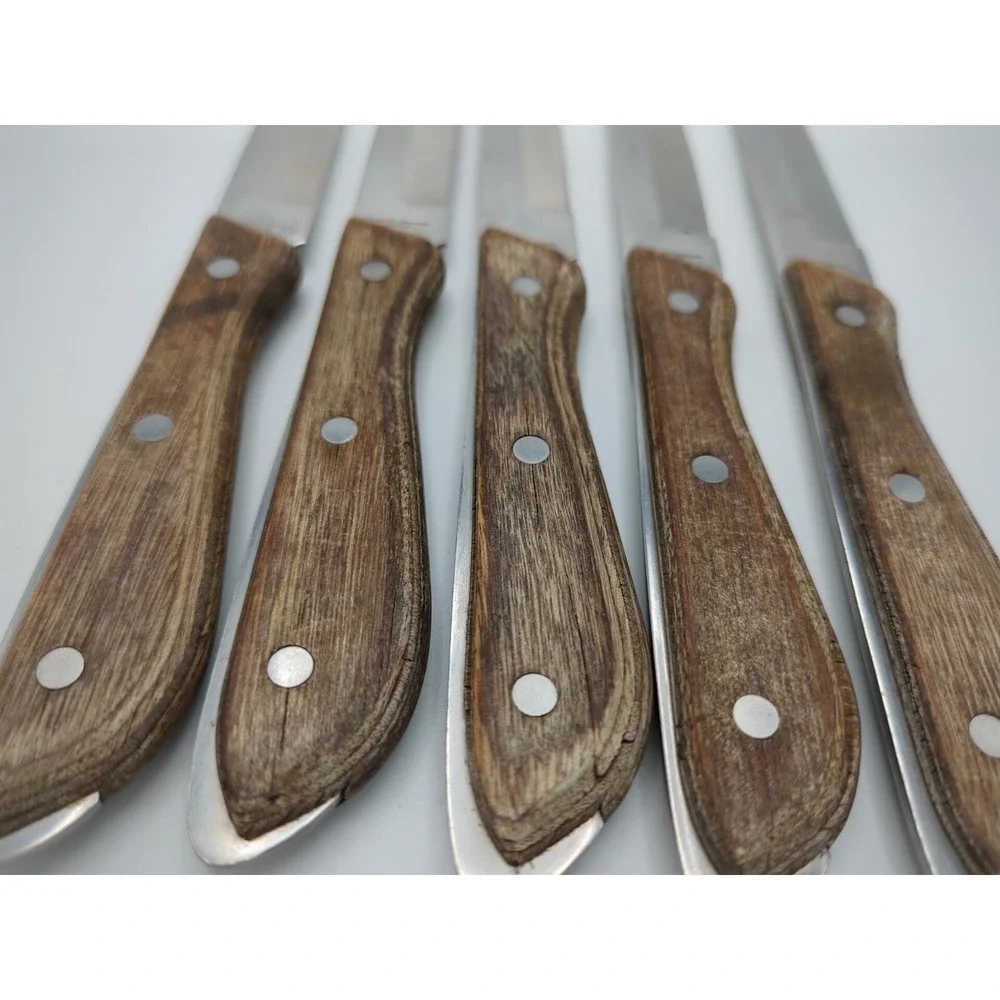 Vtg 5 Regent Swords Lightning Japan‎ SS Steak Knives Full Tang Wood Handle READ